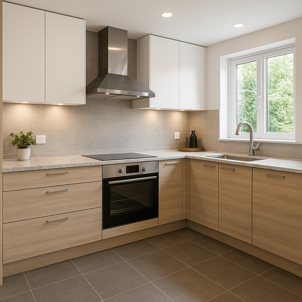 Reforma de cocina moderna en Illescas, con muebles blancos, encimera de piedra y suelos de gres gris